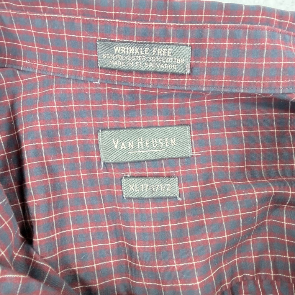 Van Heusen Button Down Mens XL Burgundy Navy Grid Check Wrinkle Free Shirt - Picture 4 of 7